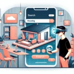 "Startup Proptech Indonesia meluncurkan aplikasi pencari kos inovatif dengan fitur tur AR, menampilkan antarmuka pengguna yang modern dan interaktif."