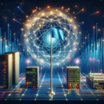 "Ilustrasi enkripsi kuantum untuk jaringan nasional yang didorong oleh Kominfo, menampilkan visualisasi kunci enkripsi digital dan jaringan komunikasi futuristik."